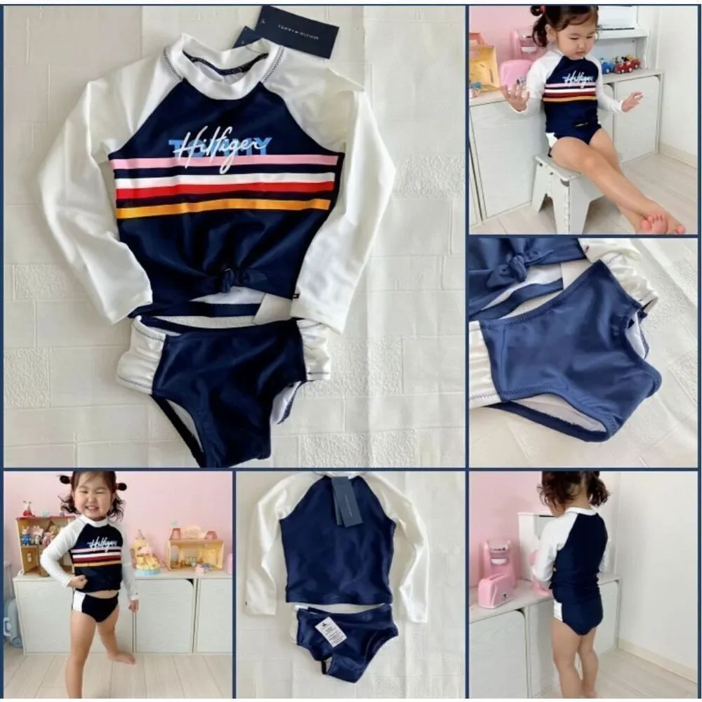 NWT Tommy Hilfiger Girls Two Piece Swim Suit Long Sleeve Set Size M 8/10